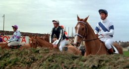 Bob shows Aldaniti the first fence before the race begins