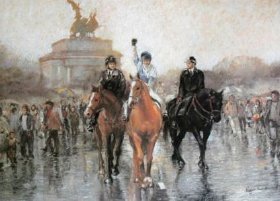 Jonjo O'Neill riding the first mile of the Aldaniti sponsored walk from London to Aintree in 1987.  One of four Aldaniti Commemorative Horse prints by Roger Inman (for the Bob Champion Cancer Trust)