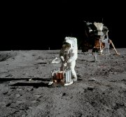 Aldrin carries out experiments on the Moon - the lunar module 'Eagle' is in the background