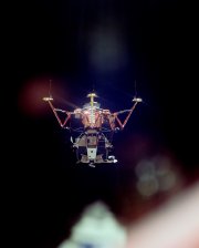 The Lunar Module 'Eagle' on its way to land on the Moon, as seen from the Command Module 'Columbia'