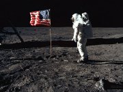 Buzz Aldrin and the US flag on the Moon