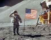 Buzz Aldrin salutes the American flag after landing on the Moon