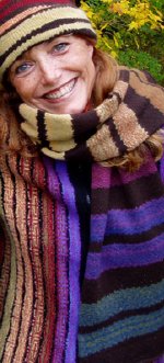 Karen Allen models her knitwear for her Fiber Arts website