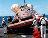 Apollo 16 command module brought on board the rescue ship USS Ticonderoga