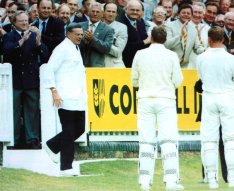 Dickie Bird walking out to umpire his last Test Match in 1996