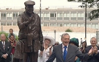 Dickie Bird at the unveiling of his statue in Barnsley