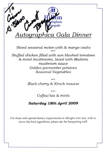 Signed menu from the Autographica Gala Dinner