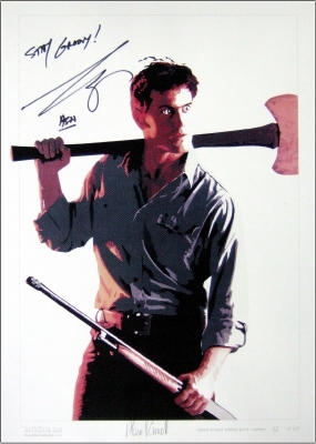 Alan Rimell print of Bruce Campbell as 'Ash' from the 'Evil Dead' trilogy, signed by Bruce Campbell
