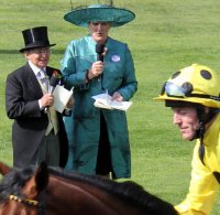 Willie Carson & Claire Balding watch jockey Kieren Fallon go by in the parade ring at Royal Ascot