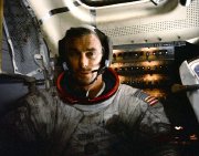 Gene Cernan with moon dust on his spacesuit after one of his three EVAs