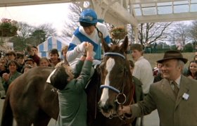 Jan Francis, John Hurt, Edward Woodward and Aldaniti in the closing scene from 'Champions'