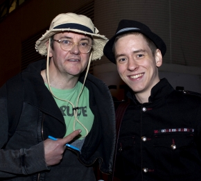 Ciaran brown with Joe Pasquale outside the stage door of the Theatre Royal in Nottingham