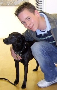 Ciaran Brown with Julian Clary's dog Valerie