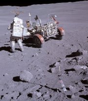 Charlie Duke with the lunar rover on the Moon