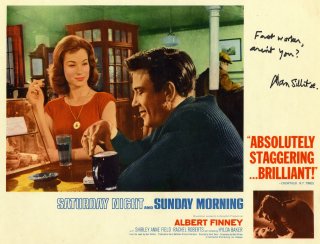 Alan Sillitoe has signed this lobby card showing Shirley Anne Field and Albert Finney in 'Saturday Night and Sunday Morning' 