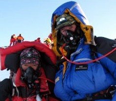 Sir Ranulph Fiennes and Sherpa Lhakpa Thundu on the summit of Mount Everet on 21st May 2009