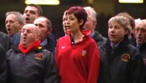 Connie Fisher rehearses with a male voice choir before a Rugby International at Cardiff in 'Connie's Musical Map of Wales'