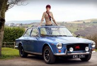 Connie Fisher with her sports car 'Gilbert' in 'Connie's Musical map of Wales'
