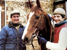 Josh Gifford, Bob Champion & Aldaniti at Downs Stables in Findon