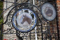 The gateway to Downs House showing glass paintings of Vermillion and Aldaniti