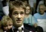 Stephen Hendry says a few words after defeating Denis Taylor in the 'Rothman's Grand Prix' tournament at Reading in 1987