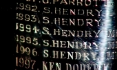 Stephen Hendry's name engraved on the World Championship trophy