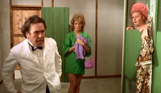 Peter Butterworth, Sherrie Hewson & Joan Sims in 'Carry On Behind' (1975)