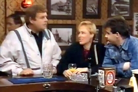 Geoffrey Hughes with Sally Whittaker & Michael LeVell in his final 'Coronation Street ' episode in1987