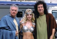 Roger Taylor, Britney Spears & Brian May during the making of a commercial for Pepsi