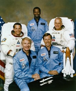 Mission 41-B crew l-r Robert Stewart, Vance Brand, Ron McNair, Robert 'Hoot' Gibson & Bruce McCandless 