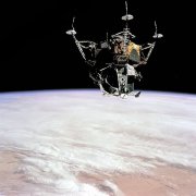 The Lunar Module 'Spider' piloted by Jim McDivitt, as seen from the Command Module 'Gumdrop' during the Apollo 9 mission