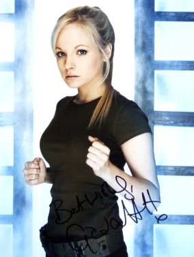 Georgia Moffett has signed this publicity photograph of her as Jenny in 'Doctor Who' (2008)