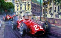 Stirling Moss racing his Maserati 250F to win the Monaco Grand Prix in 1956