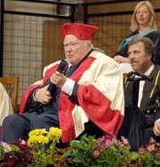 Sir Patrick Moore receiving his Honorary Fellowship from Leicester University in 2008