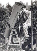 Patrick Moore with his first, home-made telescope