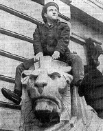 Norman Rossington on 'Oscar' the right hand lion outside Nottingham's Council House