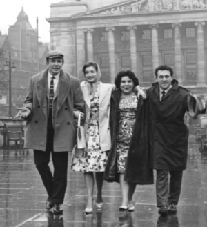 Albert Finney, Shirley Anne Field, Louise Dunn and Norman Rossington in the Old Market Square, Nottingham, 3rd April 1960