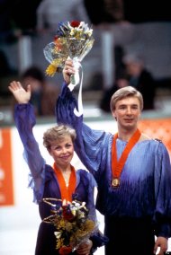 Torvill and Dean with their gold medals after their performance of 'Bolero' at the 1984 Winter Olympics in Sarajevo