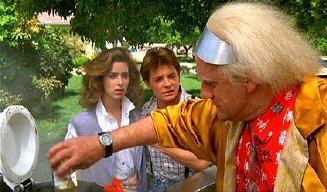 Claudia Wells, Michael J. Fox & Christopher Lloyd in 'Back to the Future: Part 1'