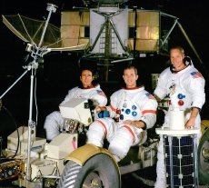 Jim Irwin, Dave Scott and Al Worden with their lunar rover shortly before the Apollo 15 mission to the Moon