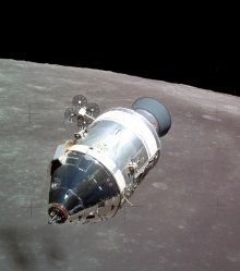 The Apollo 15 Command Module 'Endeavour' orbiting the moon, as seen from the Lunar Module