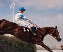 Detail of an oil painting at Barkfold Manor showing Aldaniti jumping in the Grand National