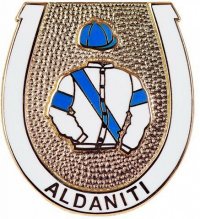 Aldaniti badge showing Nick Embiricos' racing colours based on the flag of Greece