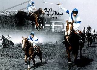 Montage (signed by Bob Champion) of Aldaniti in the 1981 Grand National