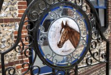 The glass painting of Aldaniti on the gate at Downs Stables, Findon