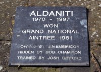 Plaque on Aldaniti's grave in the grounds of Barkfold Manor