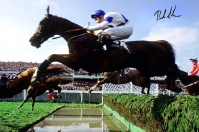 Photo (signed by Bob Champion) of Aldaniti clearing the water jump in the 1981 Grand National