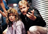 Linda Hamilton with director James Cameron during the filming of 'The Terminator'