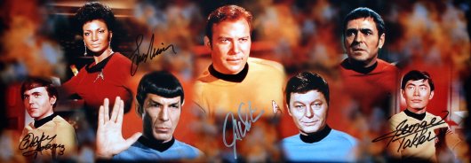 Photo-montage of characters from 'Star Trek: The Original Series' signed by William Shatner, Leonard Nimoy, George Takei & Walter Koenig
